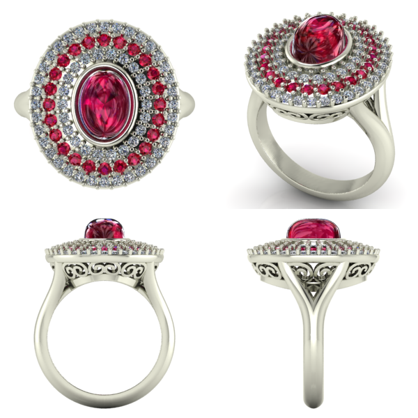 Butts Jacque Ruby Diamond Cad Cam Halo White Gold Filigree Ring